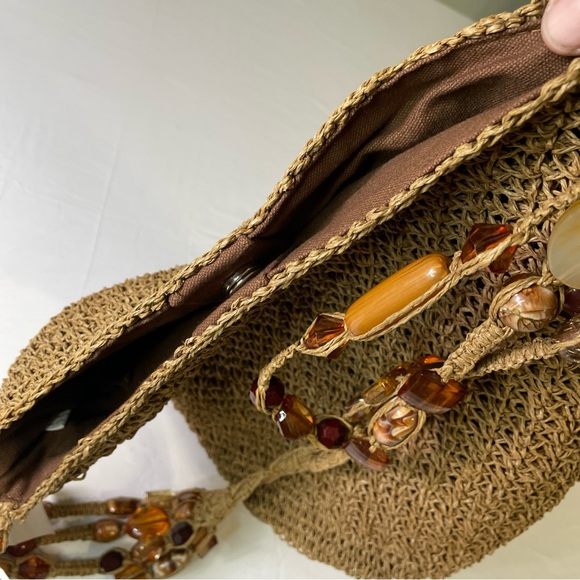 Blue Miami Macrame Straw Crochet Boho Chic Beach Shoulder Bag Faux Gemstones NEW - Picture 5 of 10